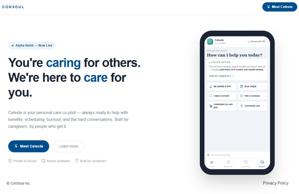 ConSoul marketing page with Celeste caregiver app mockup on a phone