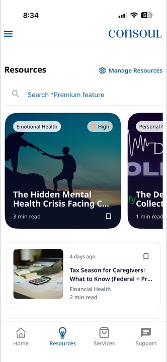 ConSoul app screen: Resources tab with featured articles