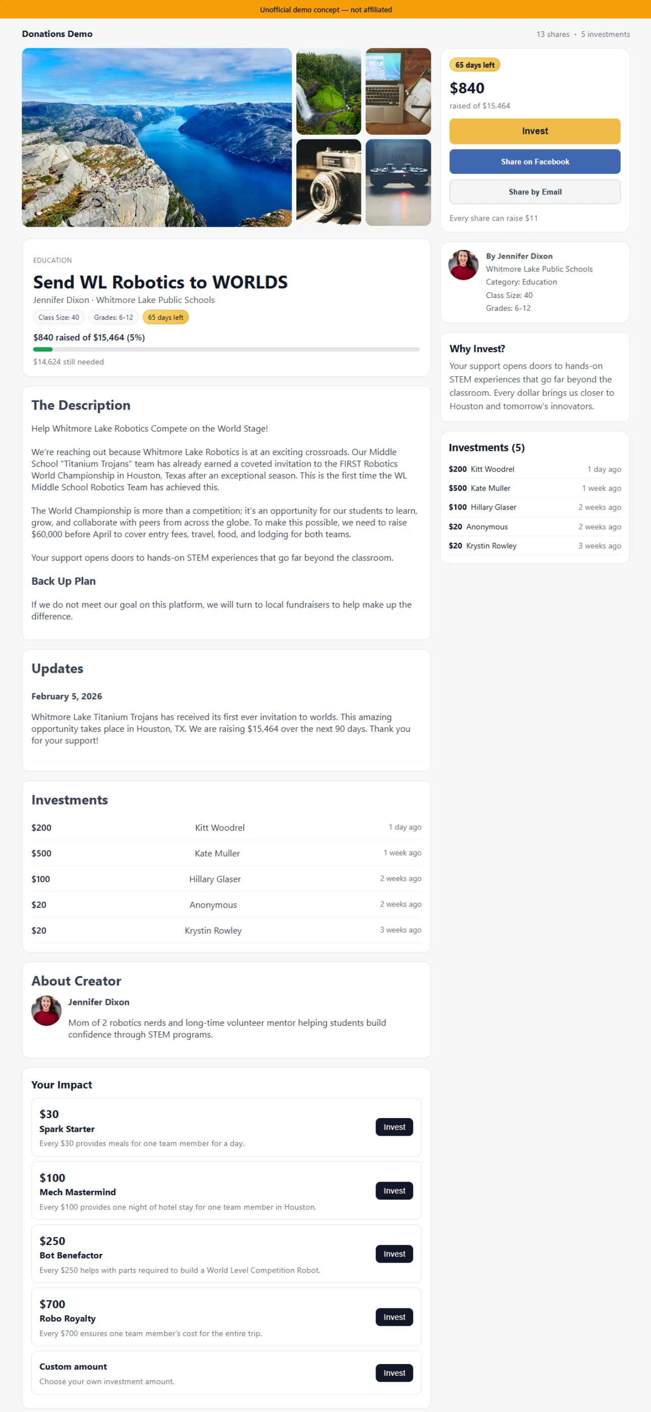 Donations demo — full page: description, updates, impact tiers, and social proof