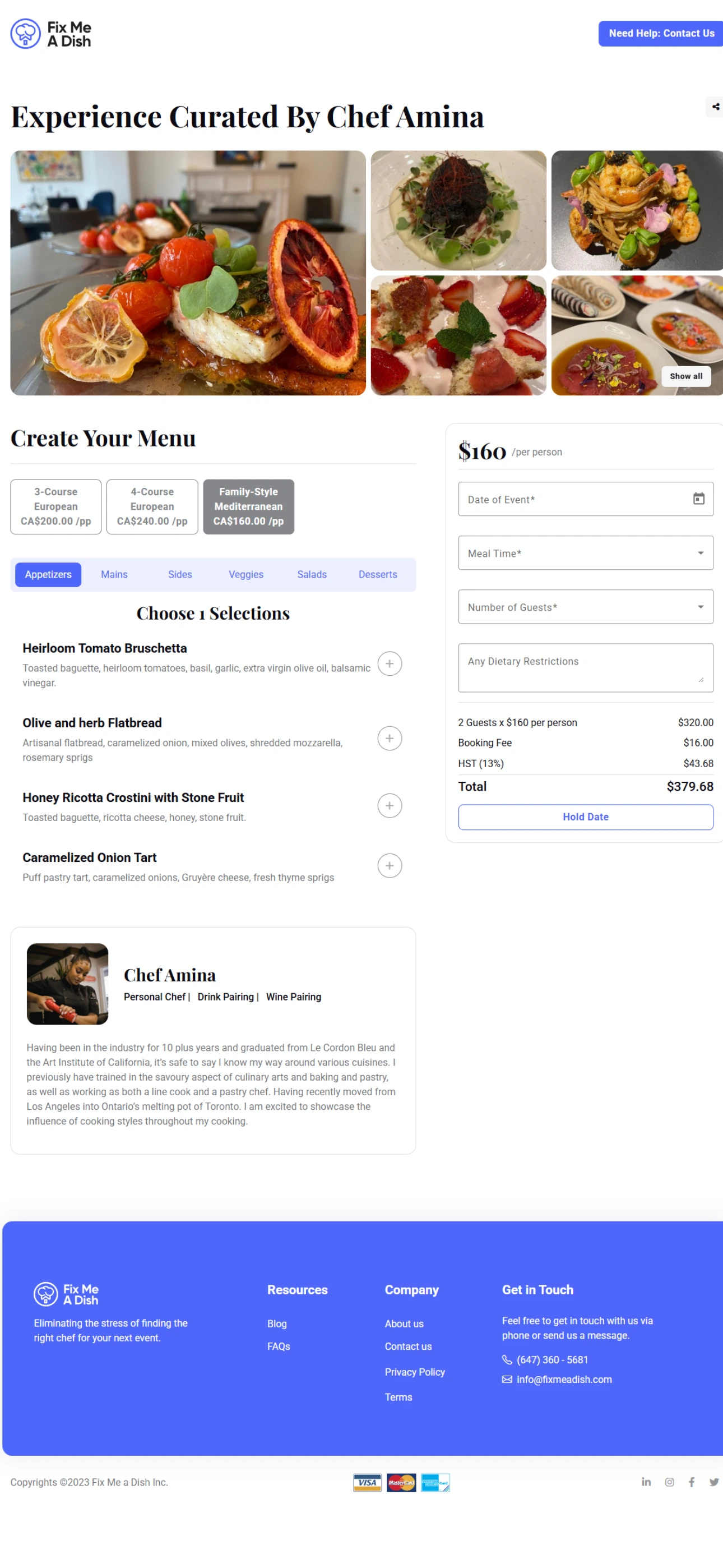 Fix Me a Dish — chef booking and menu page, full-page desktop capture